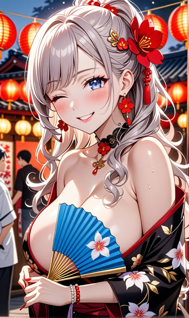 ultra-detailed, ((one girl)), (pale skin:1.4), in pastel colors gyaru, (heavy makeup), (professional lighting) hyper detailed, absurdres, 8K, Beautiful Face, (Laugh shyly), ((teasing smile:1.8)), ((Wink:1.7)), (Laugh with your mouth wide open),((Tilt your face:1.6)), View your viewers, ((Bright red cheeks:1.6)),Glossy Red Lips, ((Big Breasts:1.6)), ((undressing:1.3)), noon, Shrine festival stalls, ((Anime style background)),masterpiece, Highest quality, so beautiful,Latest, Complex details, (Pink long nails), (nail art), (ring),(bracelet), (Floral Choker),AI-generated, Complex,High resolution, Highest quality, super high quality,3D Images、3D Images,One person,Pastel silver long hair,(High Ponytail), (wavy hair:1.3), Pastel anime woman posing for a photo, ((Fine grain、blue eyes、glowing eyes:1.4)), (Squint your eyes:1.1), (one eye closed:1.7), a hyperRealistic , hyperRealistic , Realistic,Anime woman with long pastel white hair, Smooth anime CG art, A girl in a gorgeous black kimono, ((Black long-sleeved kimono)),(Large red floral pattern), Golden embroidery, (sideboob), Long flower hair ornament,Floral Earrings, Mature Body, tall,Narrow waist, ((from side:1.2)), ((leaning forward:)), ((upper body)), ((Holding a fan in your hand:1.3)),(sweat),