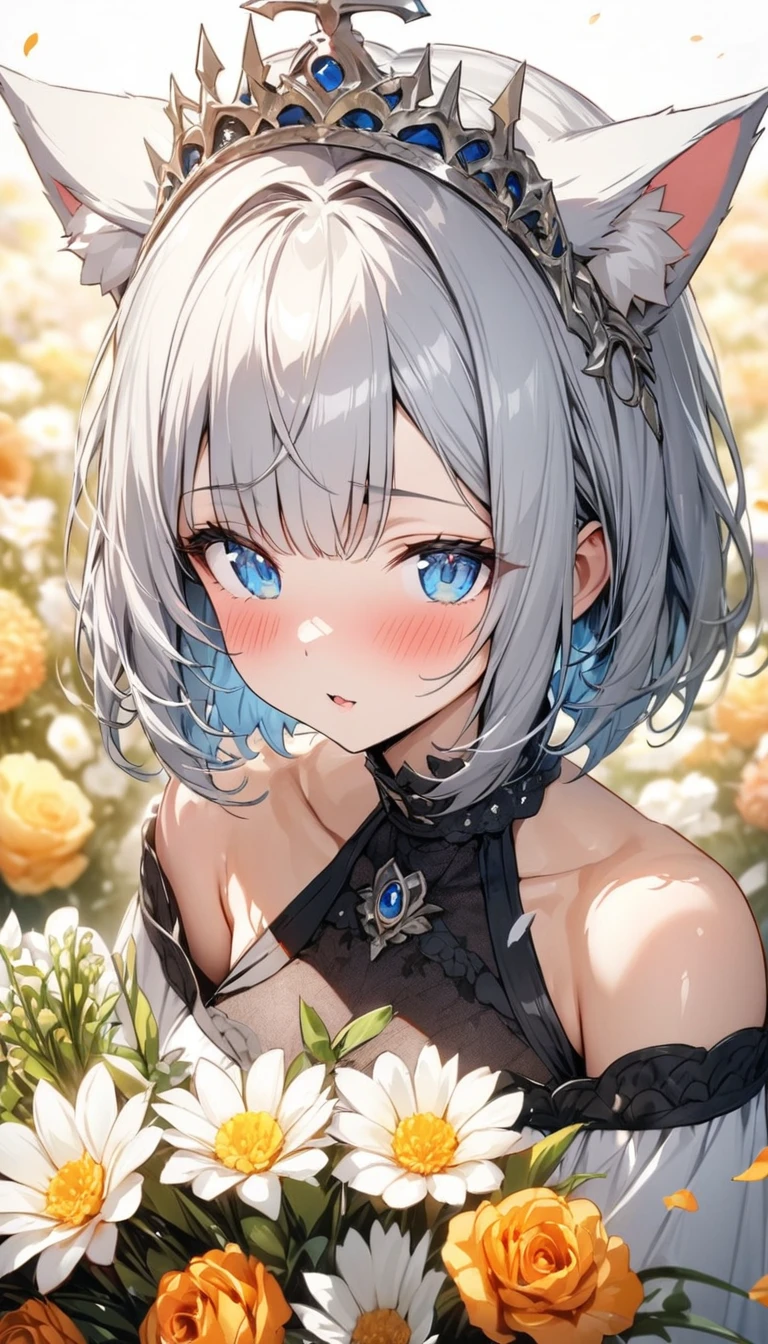 (((best quality)), ((masterpiece)), (details), masterpiece, best quality, high quality, ulutra detailed, perfect face, ((1girl, blue eyes, cat ears: 1.3 silver bob hair: 2.5,)) 、Shiny Hair、Glowing Skin、blush、Lustful look、Off-the-shoulder dress、Wearing a crown of flowers、Petals fluttering、Holding a bouquet、Flower field background