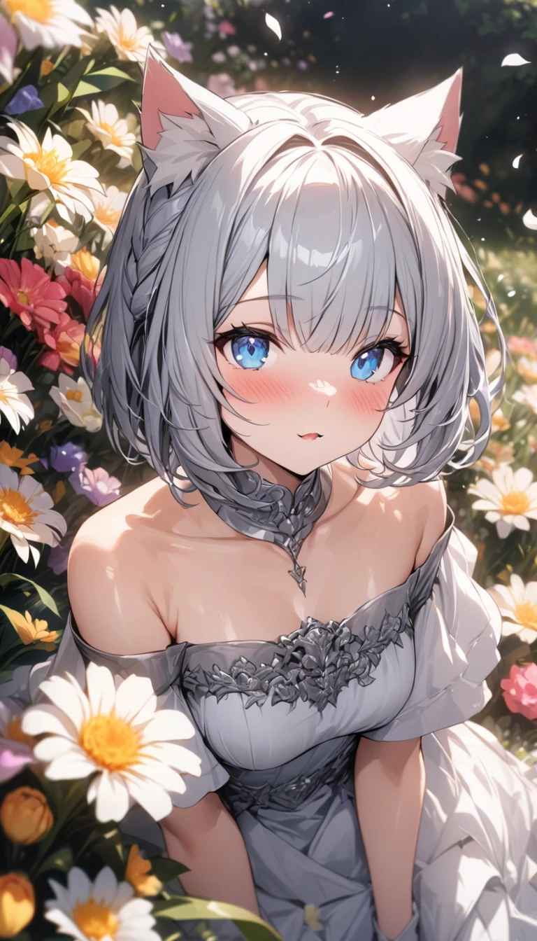 (((best quality)), ((masterpiece)), (details), masterpiece, best quality, high quality, ulutra detailed, perfect face, ((1girl, blue eyes, cat ears: 1.3 silver bob hair: 2.5,)) 、Shiny Hair、Glowing Skin、blush、Lustful look、Off-the-shoulder dress、Wearing a crown of flowers、Petals fluttering、Holding a bouquet、Flower field background