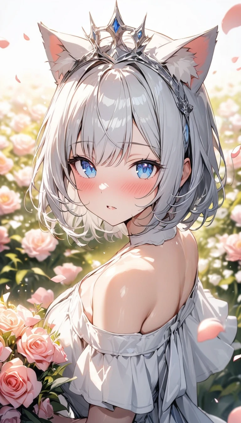 (((best quality)), ((masterpiece)), (details), masterpiece, best quality, high quality, ulutra detailed, perfect face, ((1girl, blue eyes, cat ears: 1.3 silver bob hair: 2.5,)) 、Shiny Hair、Glowing Skin、blush、Lustful look、Off-the-shoulder dress、Wearing a crown of flowers、Petals fluttering、Holding a bouquet、Flower field background