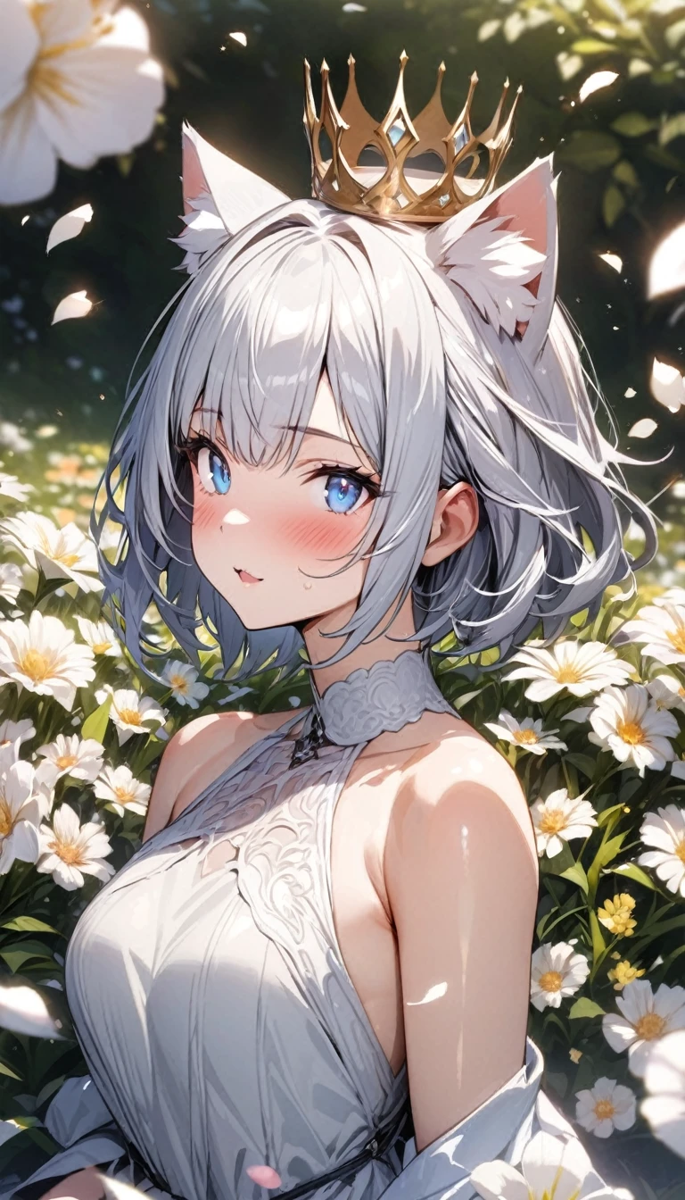 (((best quality)), ((masterpiece)), (details), masterpiece, best quality, high quality, ulutra detailed, perfect face, ((1girl, blue eyes, cat ears: 1.3 silver bob hair: 2.5,)) 、Shiny Hair、Glowing Skin、blush、Lustful look、Off-the-shoulder dress、Wearing a crown of flowers、Petals fluttering、Holding a bouquet、Flower field background