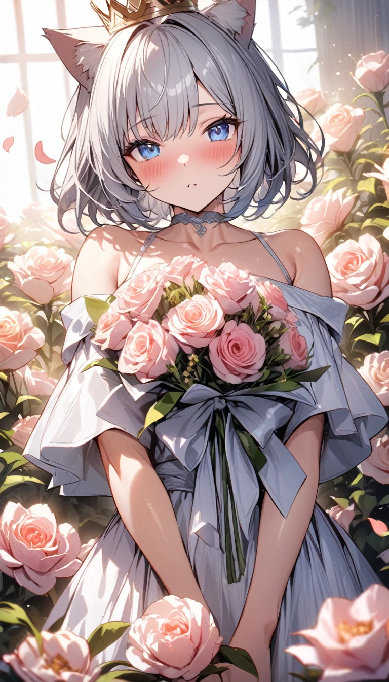 (((best quality)), ((masterpiece)), (details), masterpiece, best quality, high quality, ulutra detailed, perfect face, ((1girl, blue eyes, cat ears: 1.3 silver bob hair: 2.5,)) 、Shiny Hair、Glowing Skin、blush、Lustful look、Off-the-shoulder dress、Wearing a crown of flowers、Petals fluttering、Holding a bouquet、Flower field background