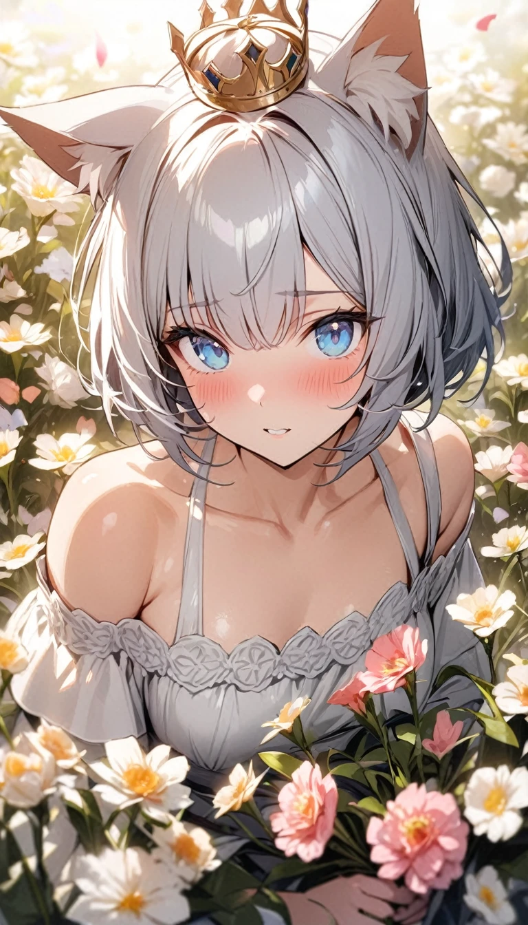 (((best quality)), ((masterpiece)), (details), masterpiece, best quality, high quality, ulutra detailed, perfect face, ((1girl, blue eyes, cat ears: 1.3 silver bob hair: 2.5,)) 、Shiny Hair、Glowing Skin、blush、Lustful look、Off-the-shoulder dress、Wearing a crown of flowers、Petals fluttering、Holding a bouquet、Flower field background