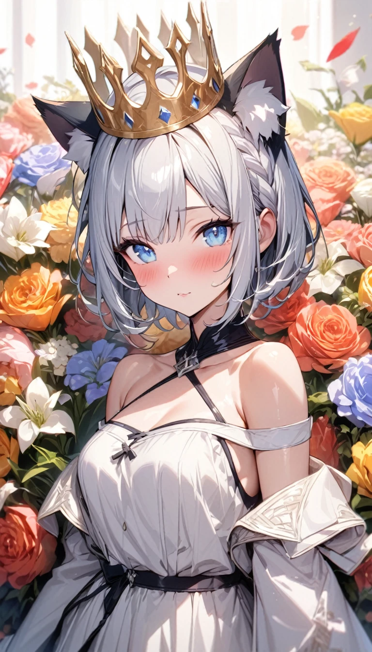 (masterpiece、highest quality) 、 anime girl with blue eyes and white hair, in a field with a lot of butterfly、Adorable smile、looking at the camera、put flowers and leaves on your head、digitalis, best anime 4k konachan wallpaper, top rated on pixiv