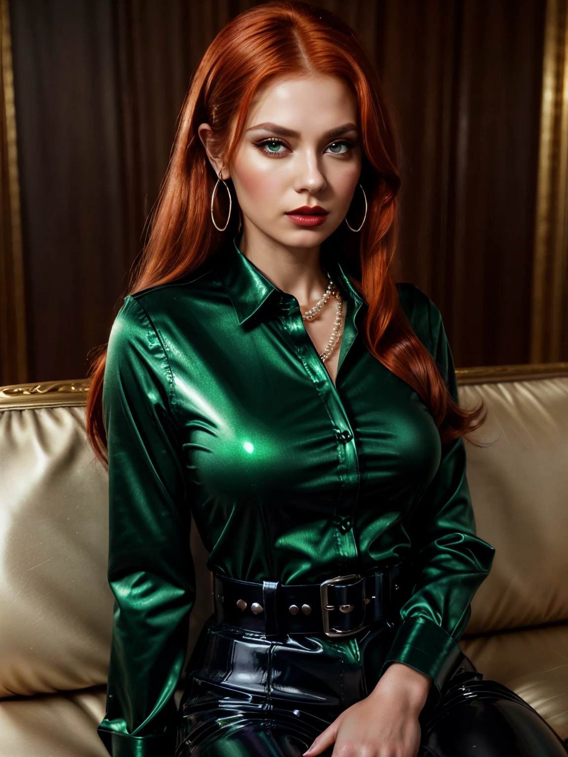 (1girl:1.34), (face and upper body view: with face and hair fully visible:2.3), (solo), (realistic photography), (elegant redhead dominant woman sitting on a couch wearing formal dark green shiny long sleeved satin collared shirt strictly buttoned all the way up :2.3), (wears one long sleeved dark green collared satin shirt:2.2), (wears one large black pvc belt with silver buckle :1.72), (her left hand caresses her belt:1.71), (wears one pearl necklace:1.63), (her right hands caresses her necklace:1.62), (wears long black glossy patent leather trousers:1.5), (looking at the camera with intense dominant eyes:1.44), (long straight red hair:1.43), (asymetric hairstyle:1.42), (clear white skin:1.41), (brown eyes:1.34), (latina type eyes:1.33), (slim body, medium breasts:1.32), heavy sophisticted make-up, deep dark eye shadow, thick lips, (dark shiny glossy lipstick:1.25), hourglass figure, seductive face, large round hoop silver earrings, soft volumetric lights, intricate details, (ArtStation:1.2)