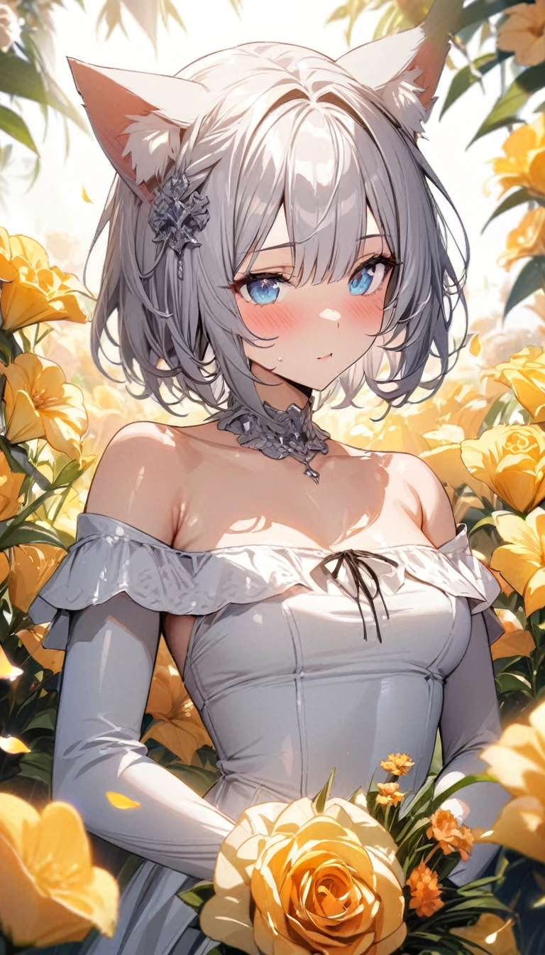 (((best quality)), ((masterpiece)), (details), masterpiece, best quality, high quality, ulutra detailed, perfect face, ((1girl, blue eyes, cat ears: 1.3 silver bob hair: 2.5,)) 、Shiny Hair、Glowing Skin、blush、Lustful look、Off-the-shoulder dress、Wearing a crown of flowers、Petals fluttering、Holding a bouquet、Flower field background