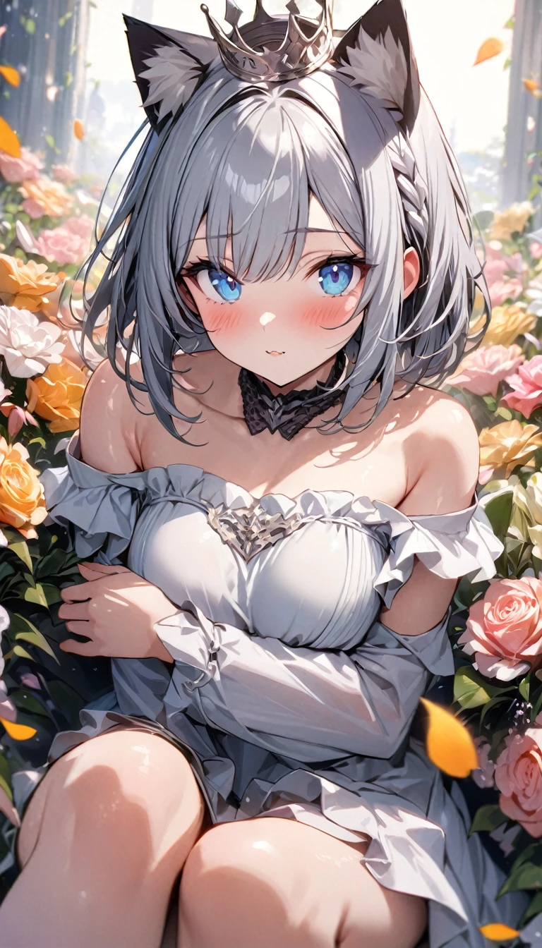 (((best quality)), ((masterpiece)), (details), masterpiece, best quality, high quality, ulutra detailed, perfect face, ((1girl, blue eyes, cat ears: 1.3 silver bob hair: 2.5,)) 、Shiny Hair、Glowing Skin、blush、Lustful look、Off-the-shoulder dress、Wearing a crown of flowers、Petals fluttering、Holding a bouquet、Flower field background