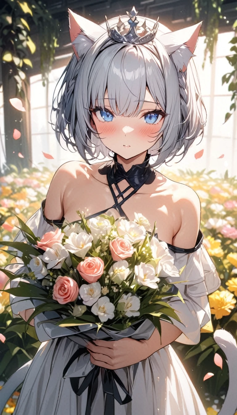 (((best quality)), ((masterpiece)), (details), masterpiece, best quality, high quality, ulutra detailed, perfect face, ((1girl, blue eyes, cat ears: 1.3 silver bob hair: 2.5,)) 、Shiny Hair、Glowing Skin、blush、Lustful look、Off-the-shoulder dress、Wearing a crown of flowers、Petals fluttering、Holding a bouquet、Flower field background