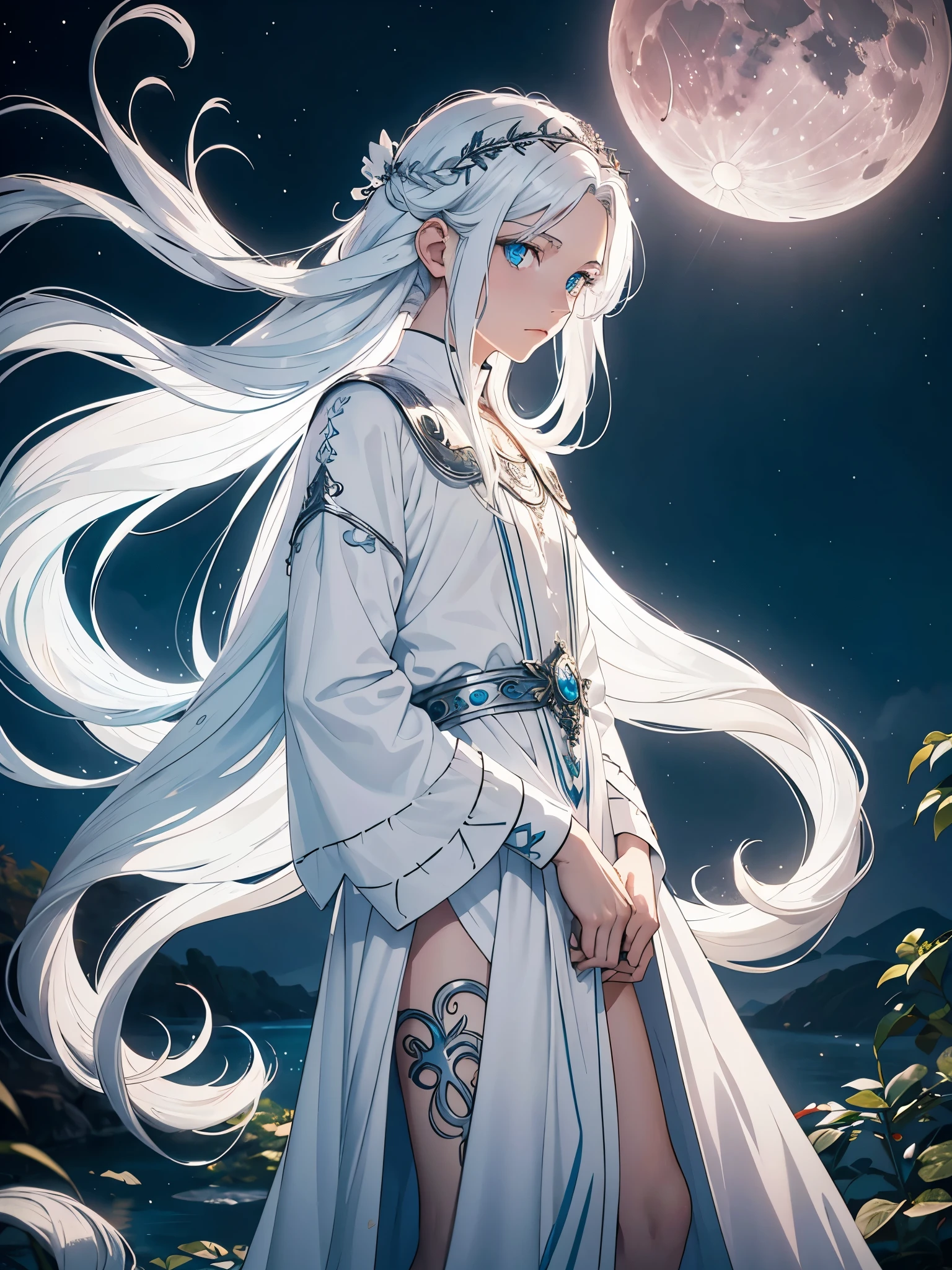 Junge. Älter. Long hair. long white hair. aquatic, boy, Goddess of the Moon, silver hair accessories, White hair, White dress, cape, at night, saturated colors, light eyes, bright, light blue light, blue eyes, Jewelry silver, bluish light, Full moon in the background, aquatic in der Luft rosa kerzen