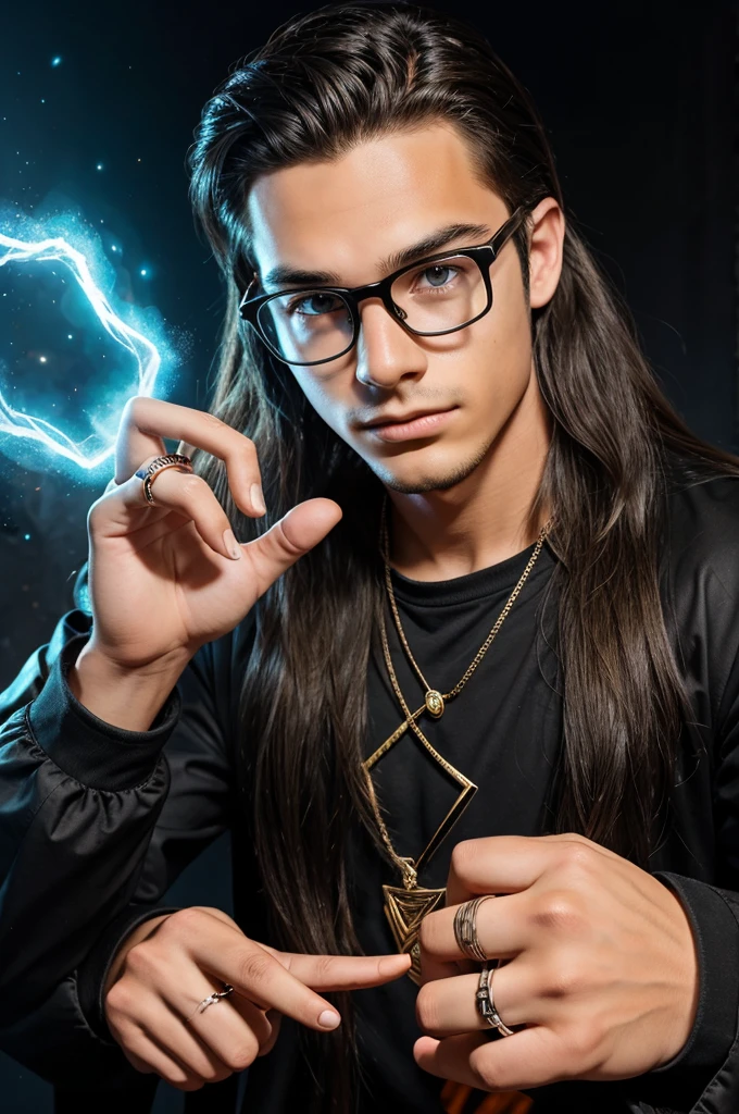 A teen boy with rings in his fingers with elemental powers and long hairs and specs comic style