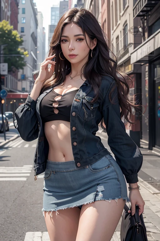 photorealistic, high resolution, 1women, mature female, solo, hips up, look at viewer, (detailed face), wavy hair, long hair, , mini skirt