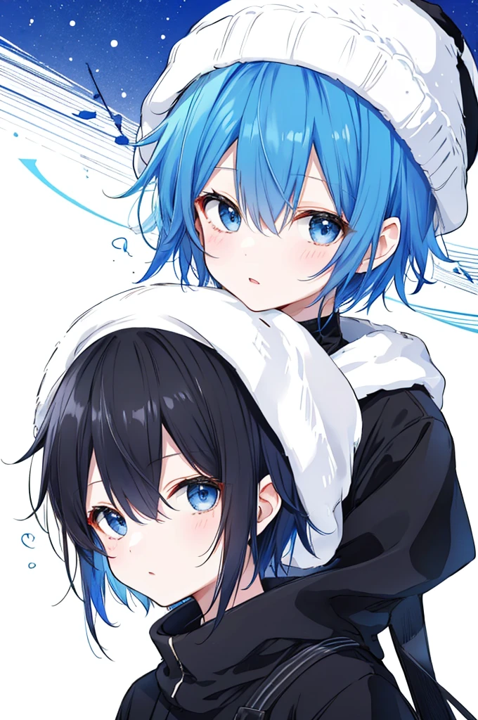 Blue short hair girl。He is wearing black winter clothes and a white knitted hat。