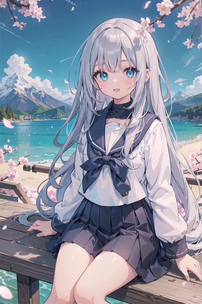 (masterpiece), beautiful detailed eyes, beautiful detailed lips, extremely detailed eyes and face, long eyelashes, 1girl, sailor uniform, wavy silver hair, floating hair, gentle smile, sitting, open mouth, cherry blossoms, petals, mountainous horizon, light particles, aqua eyes, looking at viewer, face focus, photo-realistic, 8k, ultra-detailed, vivid colors, studio lighting, physically-based rendering redeyes