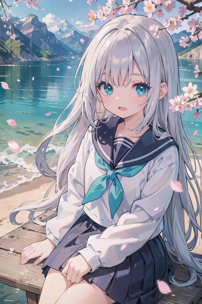 (masterpiece), beautiful detailed eyes, beautiful detailed lips, extremely detailed eyes and face, long eyelashes, 1girl, sailor uniform, wavy silver hair, floating hair, gentle smile, sitting, open mouth, cherry blossoms, petals, mountainous horizon, light particles, aqua eyes, looking at viewer, face focus, photo-realistic, 8k, ultra-detailed, vivid colors, studio lighting, physically-based rendering redeyes