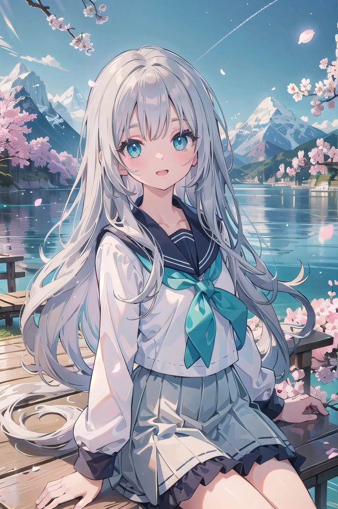 (masterpiece), beautiful detailed eyes, beautiful detailed lips, extremely detailed eyes and face, long eyelashes, 1girl, sailor uniform, wavy silver hair, floating hair, gentle smile, sitting, open mouth, cherry blossoms, petals, mountainous horizon, light particles, aqua eyes, looking at viewer, face focus, photo-realistic, 8k, ultra-detailed, vivid colors, studio lighting, physically-based rendering redeyes