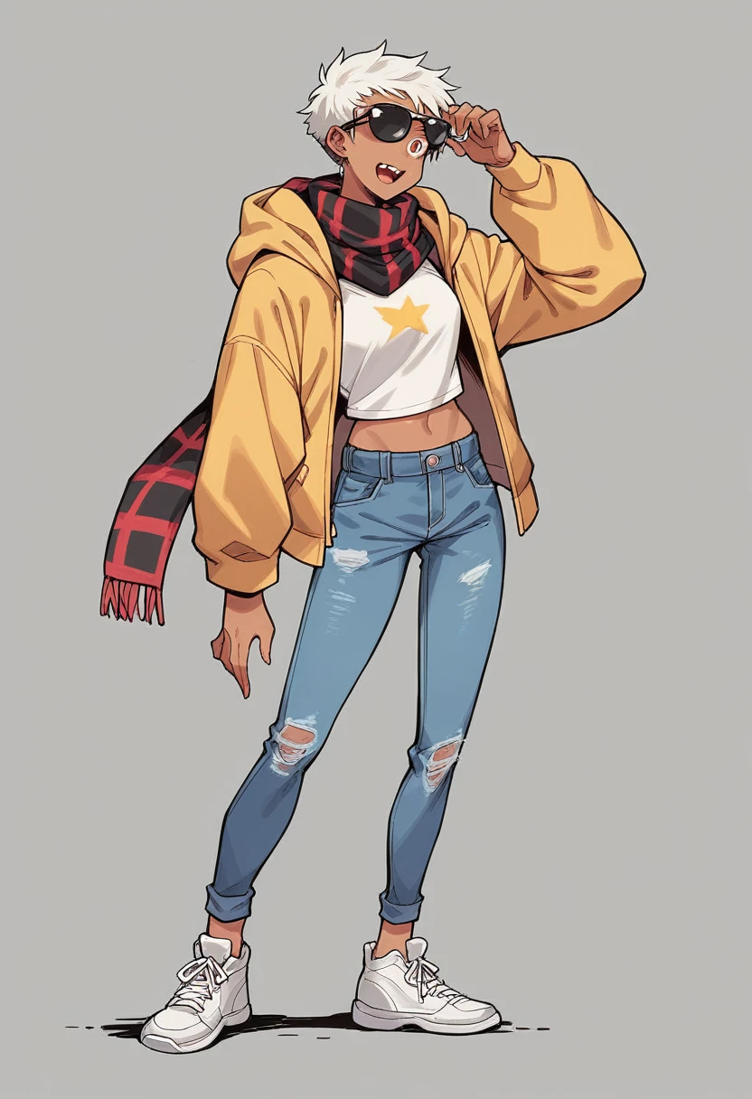 Best Quality, Clear, I can describe an outfit for a girl wearing a casual and comfortable outfit, consisting of dark skinny jeans and a cotton hoodie in neutral tones. She combined the look with white sneakers and sunglasses to give it a casual touch.. A printed scarf tied around her neck added a touch of style to her casual outfit"