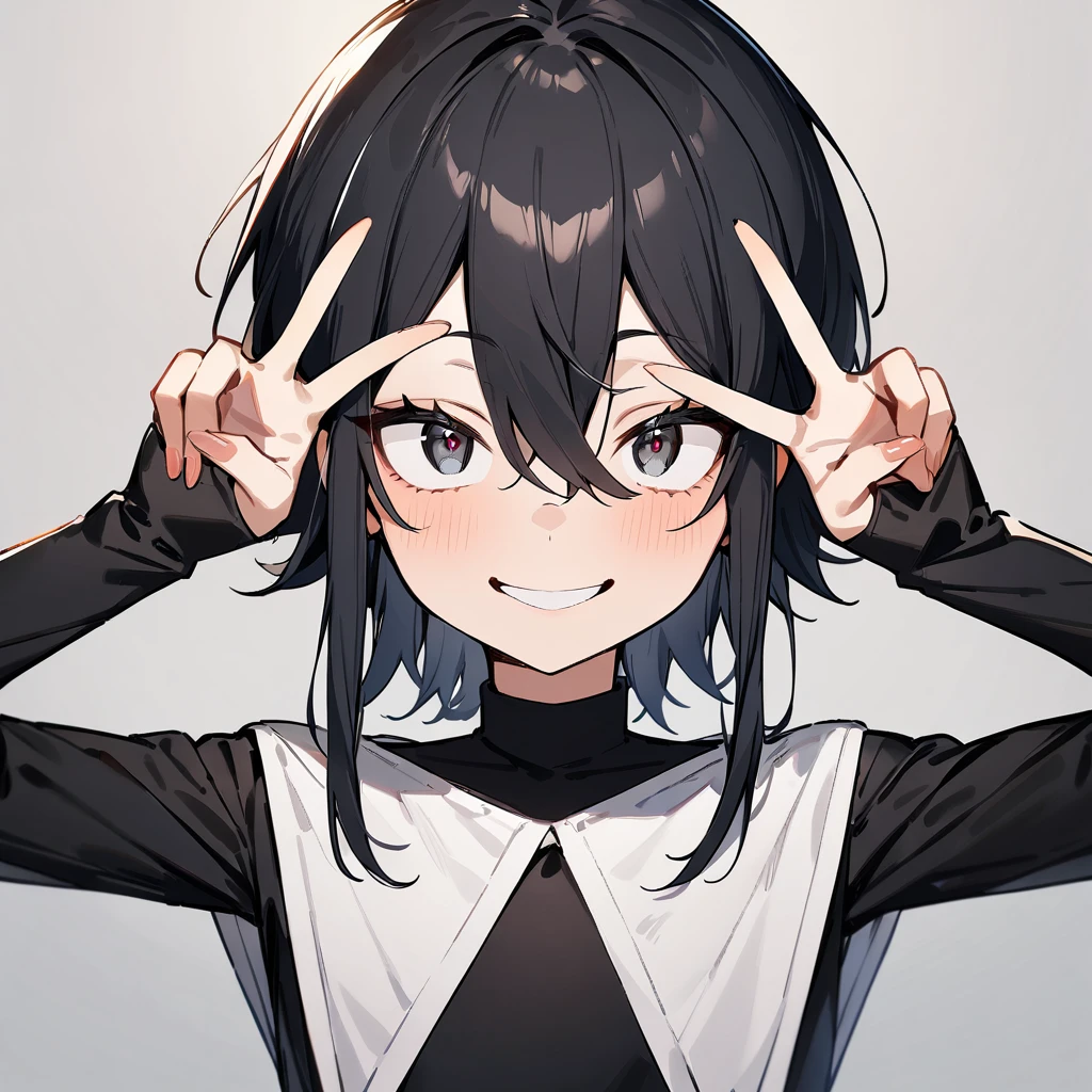 1 girl,black hair,Androgynous,medium hair,sidelocks,Covered,masterpiece,best quality,very aesthetic,absurdres,upper body,straight-on,large,Covered,Smile,double v,(upturned_eyes:1.5)