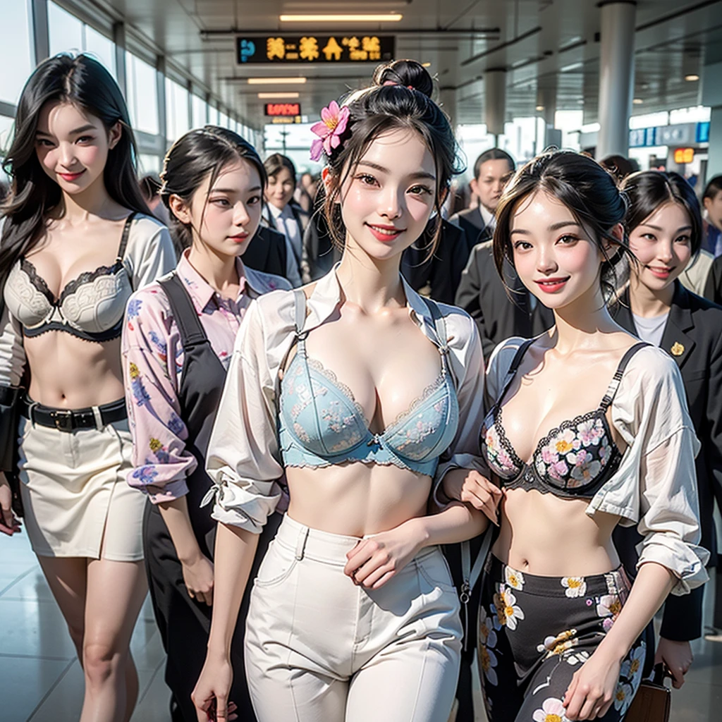 ((Highest quality、Tabletop、8K、Best image quality、Hyperrealism))、(5 female ground staff、Group of women walking side by side、Several women walking together、A group of stewardesses walking together、Cowboy Shot、5 people wearing the same uniform、Photo from the waist up)、((Location: Airport Plaza...、Five women walking through the airport、A perfectly detailed airport interior、Super detailed airport plaza))、((perfect stewardess uniform、Hair Bun))、Biggest Smile、white big teeth、Perfect Makeup、Long eyelashes、Look at me、Have the best smile、Perfect Anatomy、The lighting is very bright
((((I can see the flower patterned bra))))