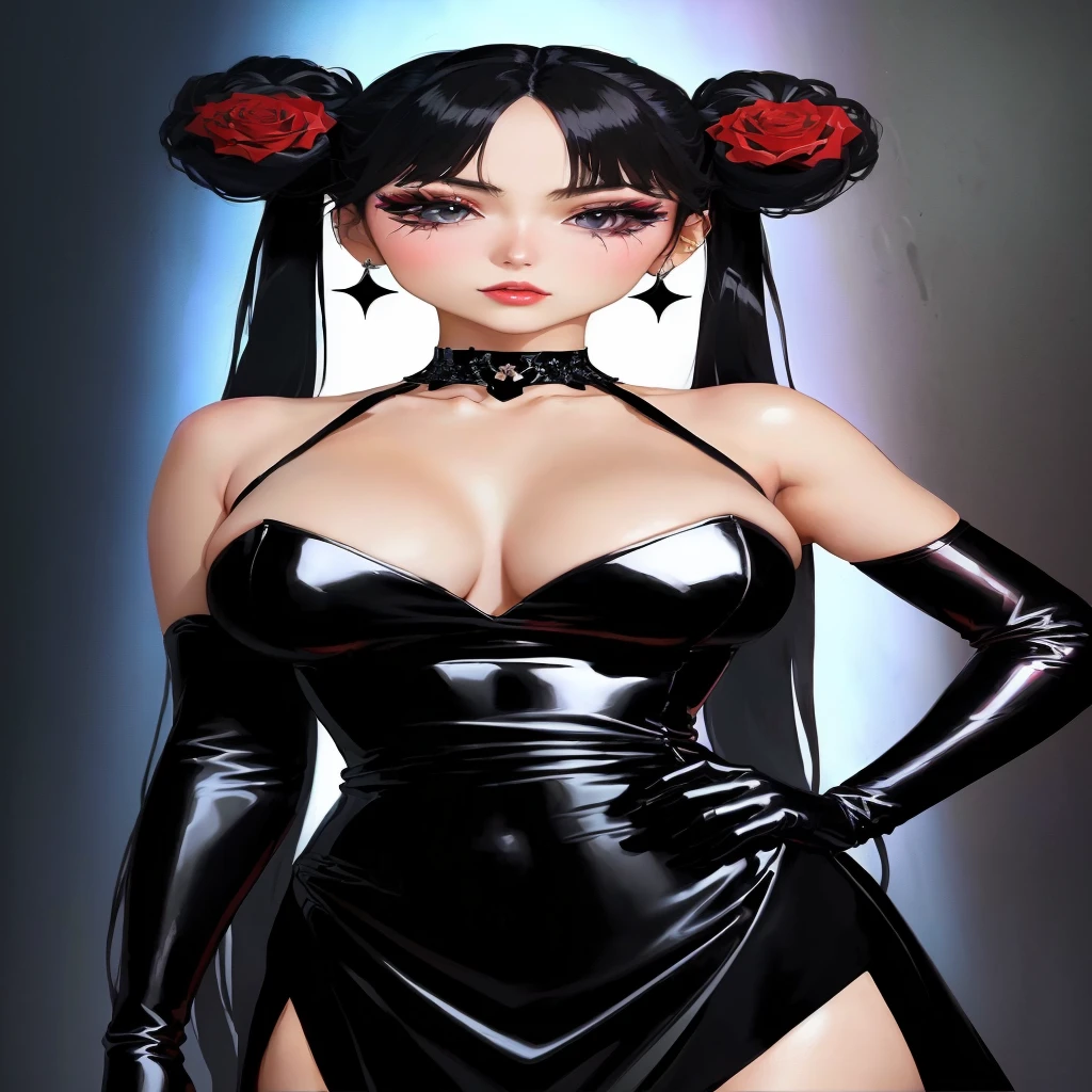anime - style illustration of a woman in a latex outfit, adult woman roughly 28-years-old, anime woman wearing a black halterneck dress with intergrated choker, backless dress, black laytex elbow gloves, inspired by hajime sorayama, gothic adult usagi tsukino, black hair in double buns and twintails, very long hair, hair flowers, roses are used as hair decorations on each hair bun, gothic maiden anime woman, seductive anime woman, glossy digital painting, made with anime painter studio, wearing atsuko kudo latex outfit