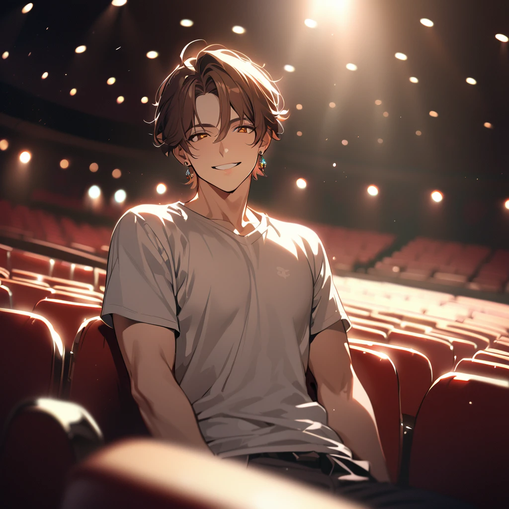 1 Male, , Center Part, amount, Brown Hair, Earrings, Brown eyes, smile, break (masterpiece), (High resolution 8k), Cinema Lighting, Professional Lighting, Detailed eyes and face, T-Shirts、pants