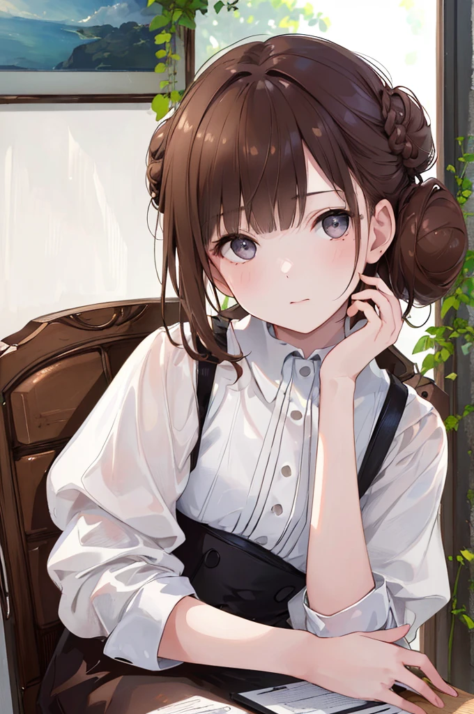 8K,Best quality, masterpiece, ultra high res, (photorealistic:1.4), raw photo, (Authentic skin texture:1.3), (film grain:1.3), (selfie angle),1girl, one bun hairstyle, brown hair, sitting, chair, bored, hand supporting chin, beautiful detailed eyes and face,masterpiece, best quality,close-up,upper bod,