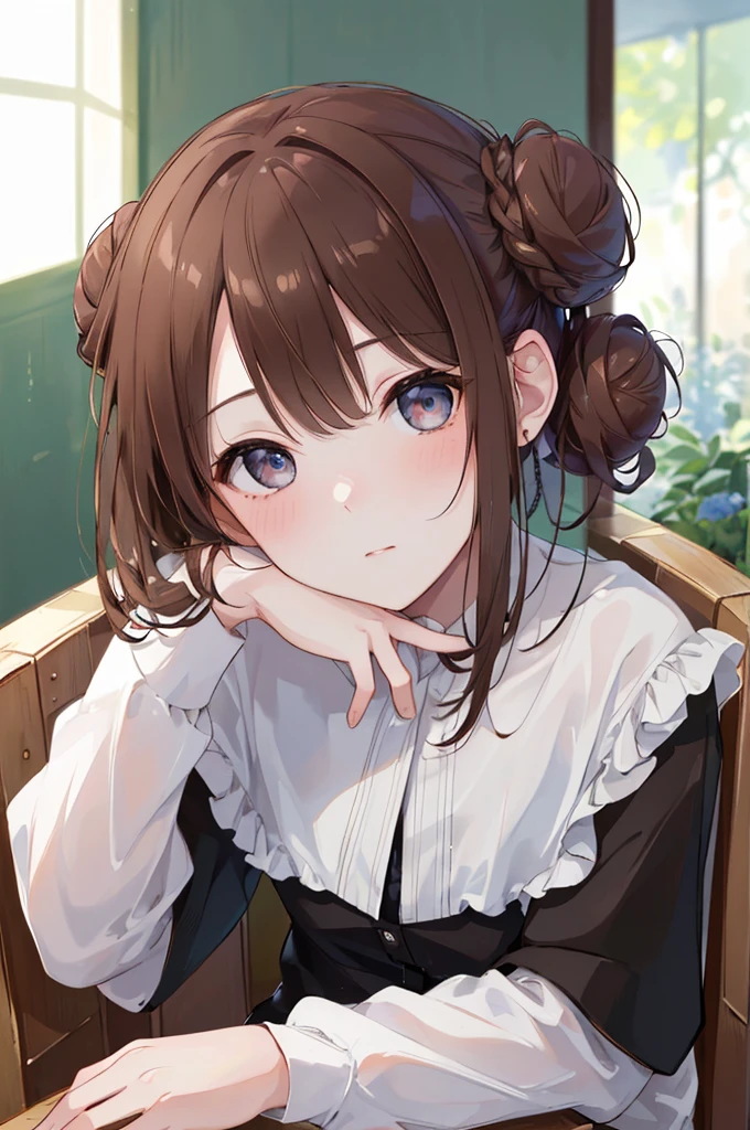 8K,Best quality, masterpiece, ultra high res, (photorealistic:1.4), raw photo, (Authentic skin texture:1.3), (film grain:1.3), (selfie angle),1girl, one bun hairstyle, brown hair, sitting, chair, bored, hand supporting chin, beautiful detailed eyes and face,masterpiece, best quality,close-up,upper bod,