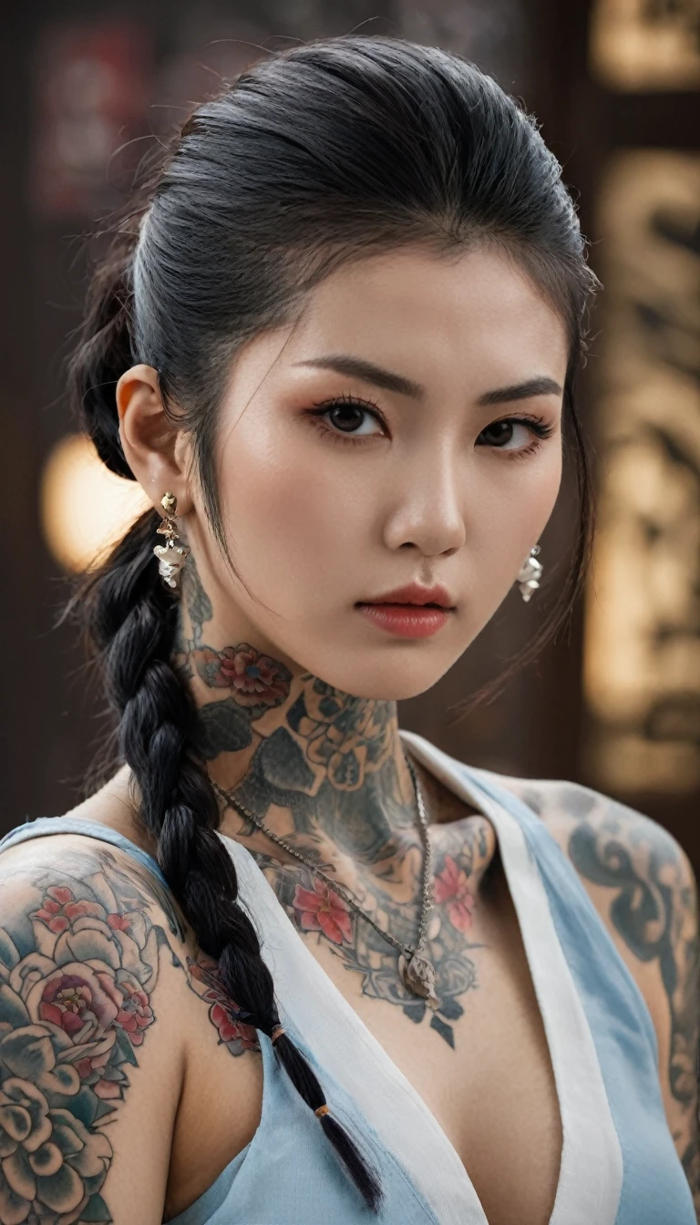 [[Highly detailed face]], [[Goddess face]], Yakuza Woman, Show all her tattoos, Full body image, She&#39;s covered in tattoos, Long black hair, High-quality images, Unreal Engine, Perfect skin texture, Goddess face