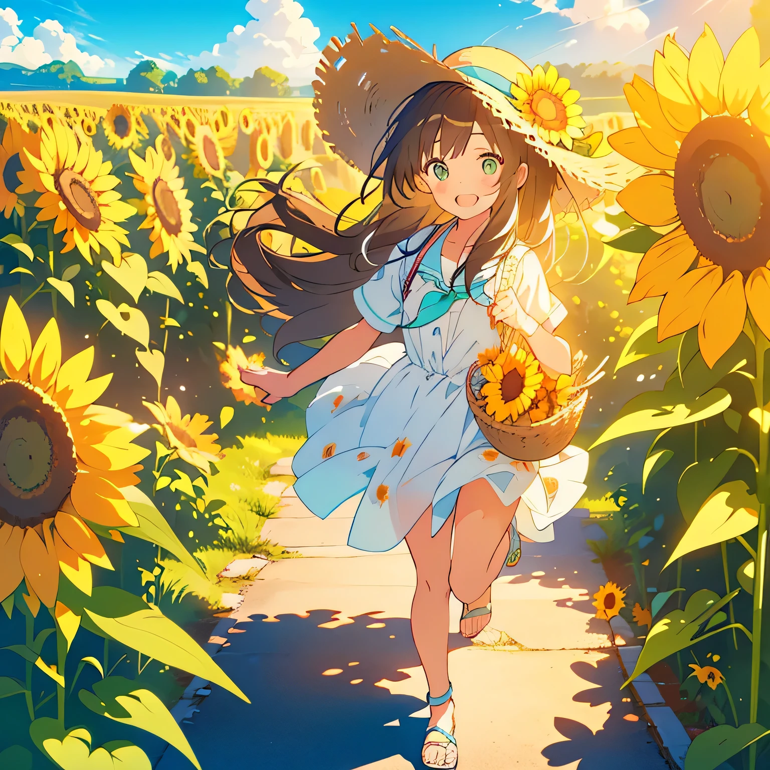kawaii, anime, Cute, hyper quality, highly detailed, 16k, Front facing, Clarity, brown long hair, green eyes, smile, short young kindergartener, holding a bouquet of sunflowers, present a bouquet of flowers, cumulonimbus, summer, sunshine, whole body, moving posture, hair dances, Fluffy feeling, A big smile, open your mouth and laugh, countryside road, summer vacation, straw hat, sweat dripping, pool bag, wearing sandals, pure white one piece, cat at my feet, Draw the face in detail, blue sky,