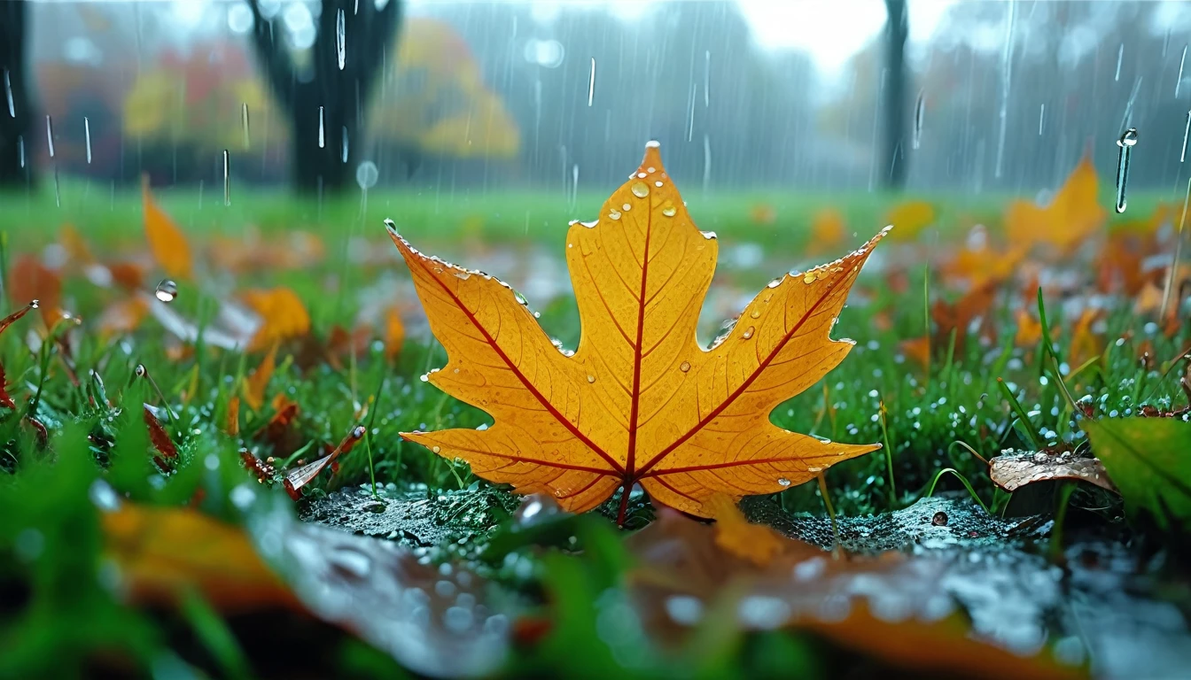 there is a leaf that is sitting on the grass in the rain, magical leafs falling, nature documentry footage, youtube video screenshot, today's featured photography 4k, autumn rain turkel, nature photography 4k, november, cinematic widescreen shot, leaves and magic, high quality screenshot, 2 0 2 1 cinematic 4 k framegrab, wide screenshot