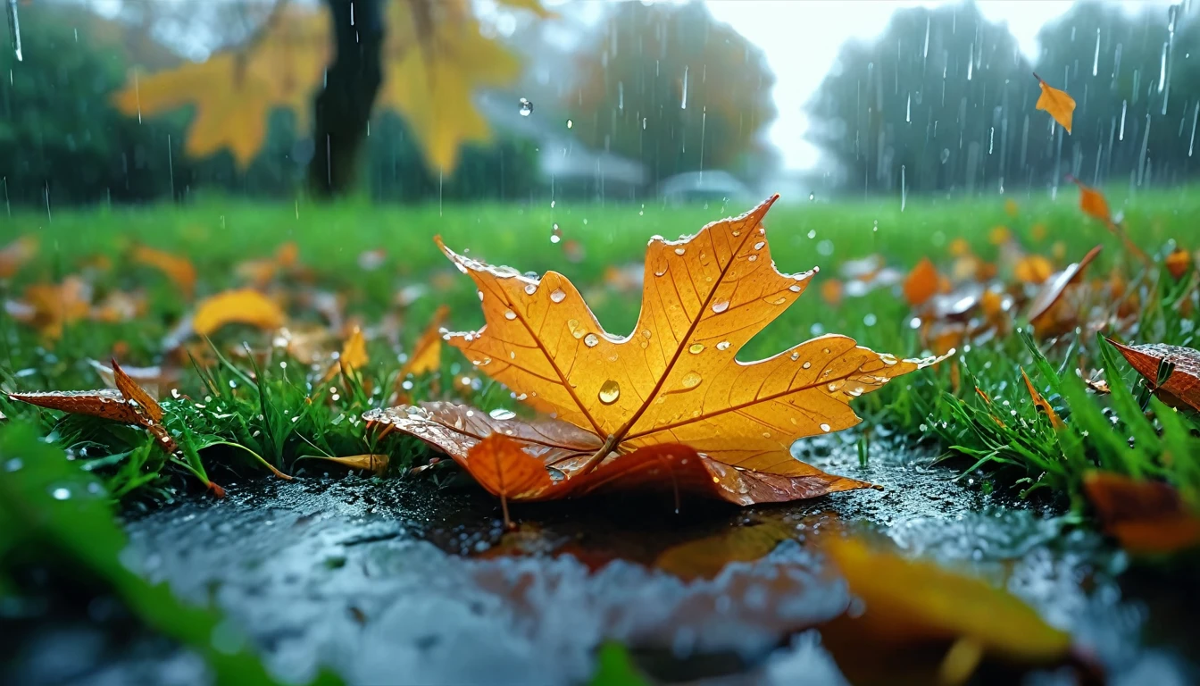 there is a leaf that is sitting on the grass in the rain, magical leafs falling, nature documentry footage, youtube video screenshot, today's featured photography 4k, autumn rain turkel, nature photography 4k, november, cinematic widescreen shot, leaves and magic, high quality screenshot, 2 0 2 1 cinematic 4 k framegrab, wide screenshot
