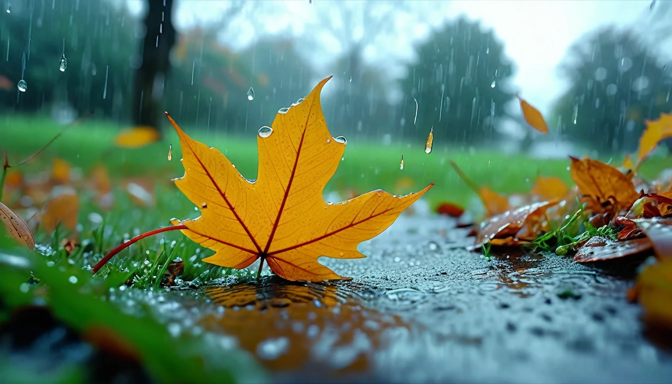 there is a leaf that is sitting on the grass in the rain, magical leafs falling, nature documentry footage, youtube video screenshot, today's featured photography 4k, autumn rain turkel, nature photography 4k, november, cinematic widescreen shot, leaves and magic, high quality screenshot, 2 0 2 1 cinematic 4 k framegrab, wide screenshot
