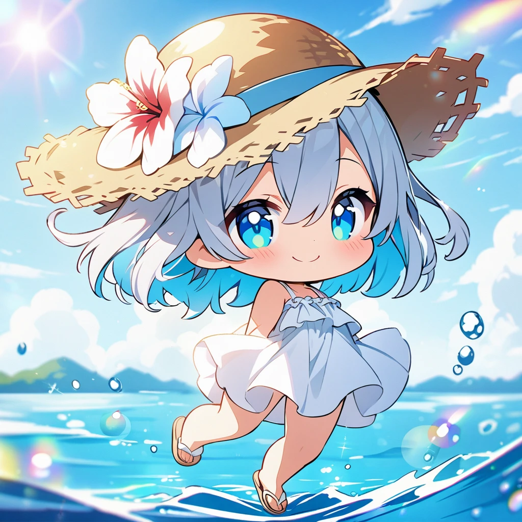 masterpiece, best quality, 4k、2D illustration, one beautiful girl, solo、(((chibi style)))、((vivid colors))、cute chibi, lovely chibi、((colorful))、((long beautiful hair)), glossy light silver hair, hair between eyes, cute, beautifully detailed eyes、((white summer dress))、((straw hat))、hibiscus hair ornament, flip-flops, ((happy smile))、((full body shot))、((summer beach))、((calm sea))、((blue sky))、sunbeam, white light, ((lens flare)), ((high color saturation)), 
