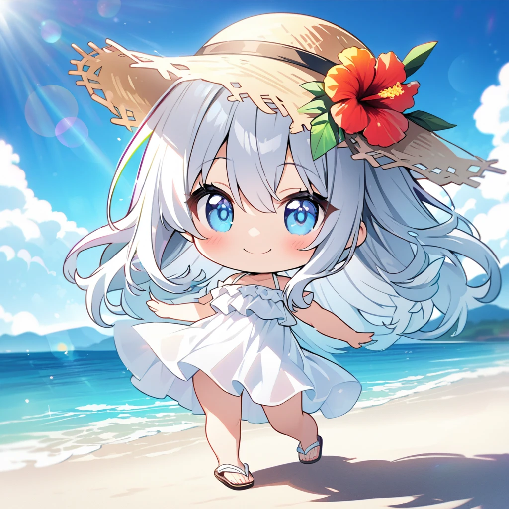 masterpiece, best quality, 4k、2D illustration, one beautiful girl, solo、(((chibi style)))、((vivid colors))、cute chibi, lovely chibi、((colorful))、((long beautiful hair)), glossy light silver hair, hair between eyes, cute, beautifully detailed eyes、((white summer dress))、((straw hat))、hibiscus hair ornament, -flops, ((happy smile))、((full body shot))、((summer beach))、((calm sea))、((blue sky))、sunbeam, white light, ((lens flare)), ((high color saturation)),