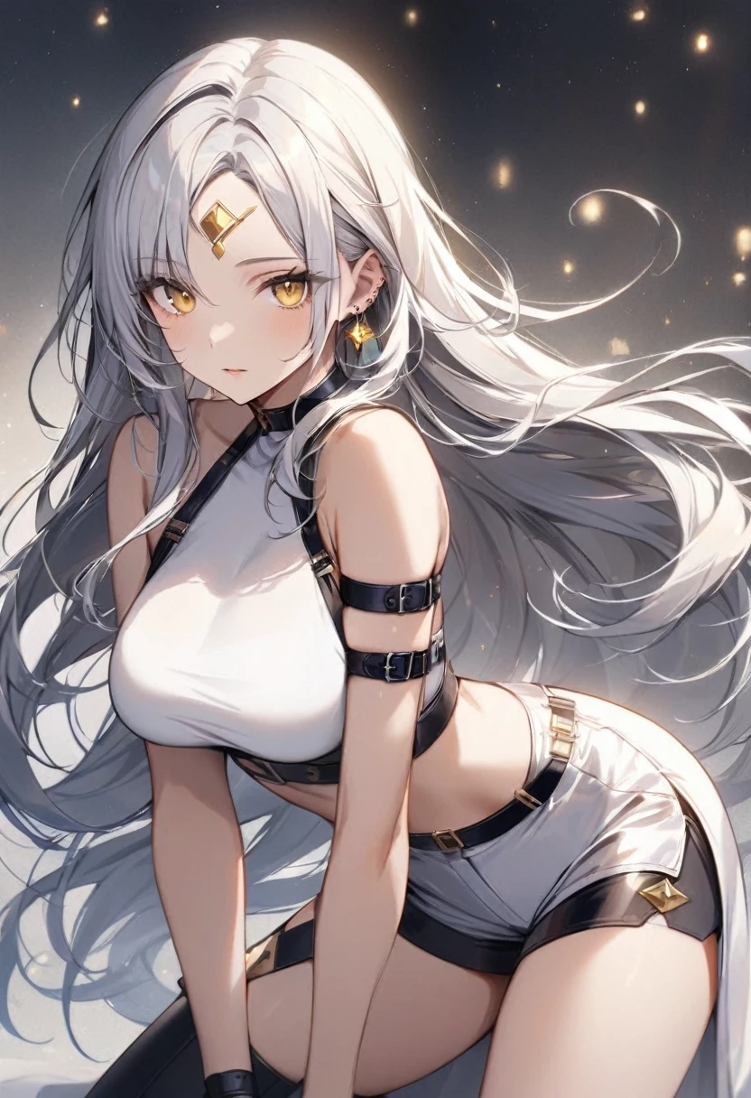 best quality, masterpiece, detailed, GranartNeedakitta, 1girl, grin, dark skin, white hair, very long hair, yellow eyes, slit pupils, cat ears, egyptian clothes, neck ring, gold trim, halterneck, armor, cleavage, standing, looking at viewer, arena, stone