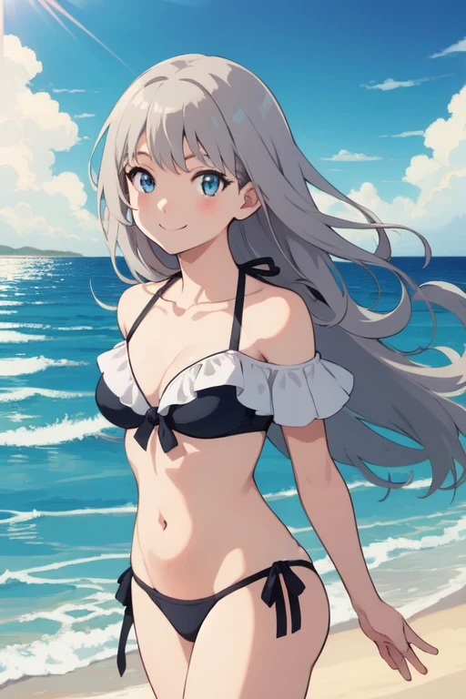 ((Highest quality)), ((masterpiece)), (detailed), Perfect Face, Perfect Arms, Perfect hands, Perfect Fingers, anime, Ultra-fine illustration, ((1 person)), Cute girl, Gray Hair, Blue Eyes, (Smile:1.3), {(Black off-the-shoulder swimsuit)}, (bikini), Ocean, sun, field, Are standing, (Arms at your sides), Cowboy Shot,