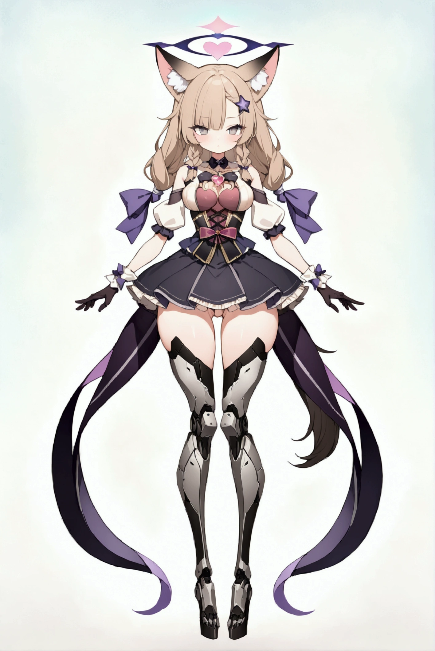 woman 170 cm tall. medium chest, wide hip, slim build, ((whole body)). (((character design sheet: front view))). (dark blonde hair, (hip-length wavy hair with asymmetrical bangs, star hairpin), (She has a short braid tied with an elegant purple ribbon on the left side of her hair above her chest). (She has a short braid tied with an elegant purple ribbon on the right side of her hair above her chest). She has small hair ties in the back of her hair..). ((Gray eyes with a pink 4-pointed star in the pupil)). (Two black and purple fox ears located on the top of the head). (Luminous black halo with purple star patterns above his head). He has a black collar with a heart emblem on his neck.. (Elegant long one piece dress, thigh-length lace and ruffle skirt, ribbon decorations and star patterns on the dress). black gloves, Black platform heels. gray belt at the waist with a large ribbon with a luminous pink heart in the middle. ((It has a beautiful heart-shaped succubus tail.)). (((It has complex mechanical legs that reach up to the thighs and are black with small purple details..))). beautiful detailed hair, beautiful detailed dress. extremely detailed arms. extremely detailed face, small face, Beautiful detailed eyes, beautiful detailed lips. adorable. extremely detailed legs. (Best Quality, 4k, high resolution), ultra detailed, Exquisite and epic character art, ((White background)). (Focus on symmetry).