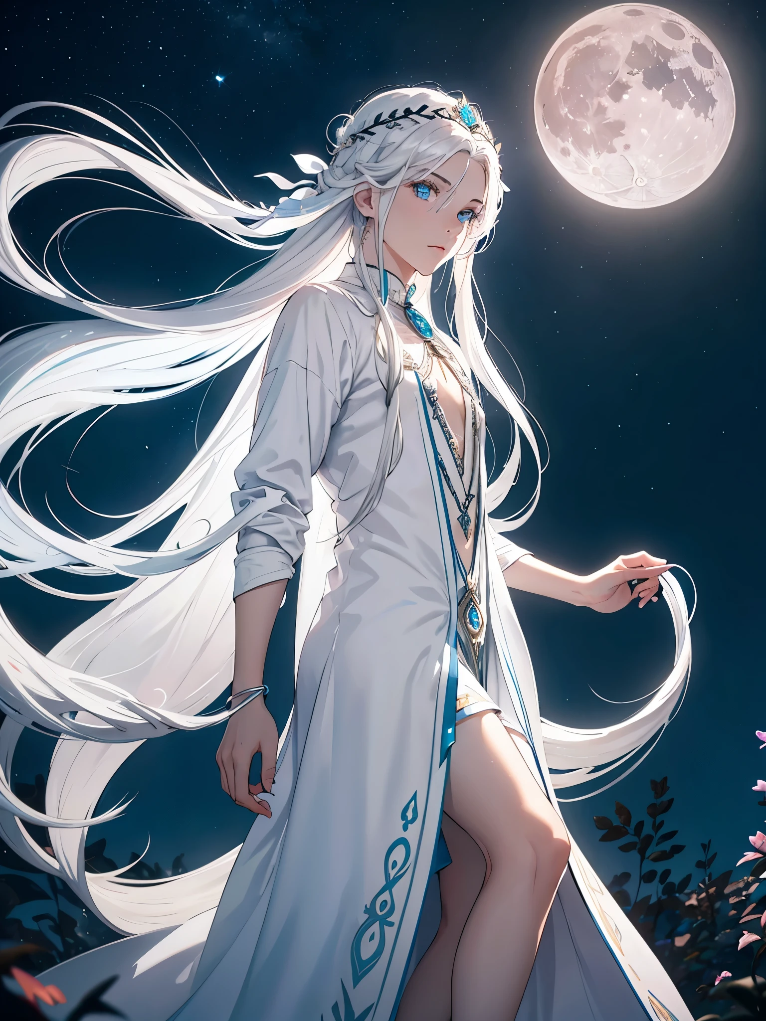 Junge. Älter. Long hair. long white hair. aquatic, boy, Goddess of the Moon, silver hair accessories, White hair, White dress, cape, at night, saturated colors, light eyes, bright, light blue light, blue eyes, Jewelry silver, bluish light, Full moon in the background, aquatic in der Luft rosa kerzen