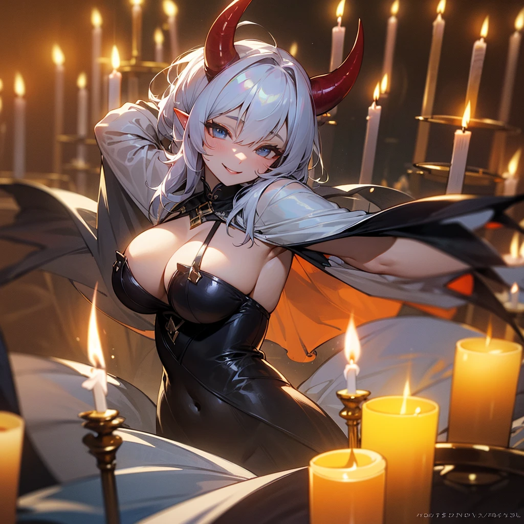 high resolution、Sexy Devil。It has large horns、With a fearless smile。There are lots of big candles around.。Beautiful night、Fantasy