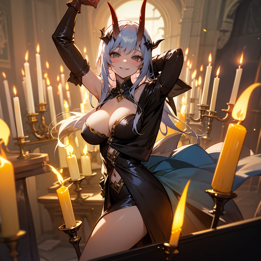 high resolution、y Devil。It has large horns、With a fearless smile。There are lots of big candles around.。Beautiful night、Fantasy