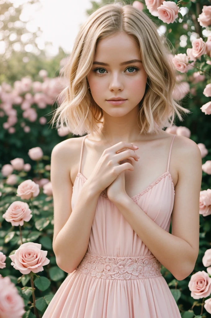 8k, photo and gross, fujifilm, Style photography of a beautiful young girl like Avril in a light pink rose garden. (very detailed skin: 1.2) Style-Petal BREAK short hair, blonde hair with colored highlights, wearing a dress, film grain, 35mm, beautiful style