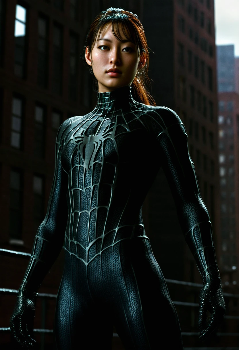 score_9, score_8_up, score_7_up, best quality, realistic, masterpiece, beautiful detail, hyperrealistic, woman ((1girl, woman body, big breasts)), amazing detailed full body portrait of a beautiful japanese girl, wearing a realistic and highly detailed black raimi spider-man suit, ((huge muscular girl)), wears black spiderman mask, professional model wears ultra - detailed black raimi spider - man suit, ultra - detailed and grained black raimi spiderman suit, suit covered entire body and hand, black spiderman gloves, wet, (beautiful pose), (full body), (dirty skin), close up, octane render, highly detailed, volumetric, dramatic lighting, (highest quality:1.1), (HDR:1.3), (top quality, best quality), realistic, high definition,