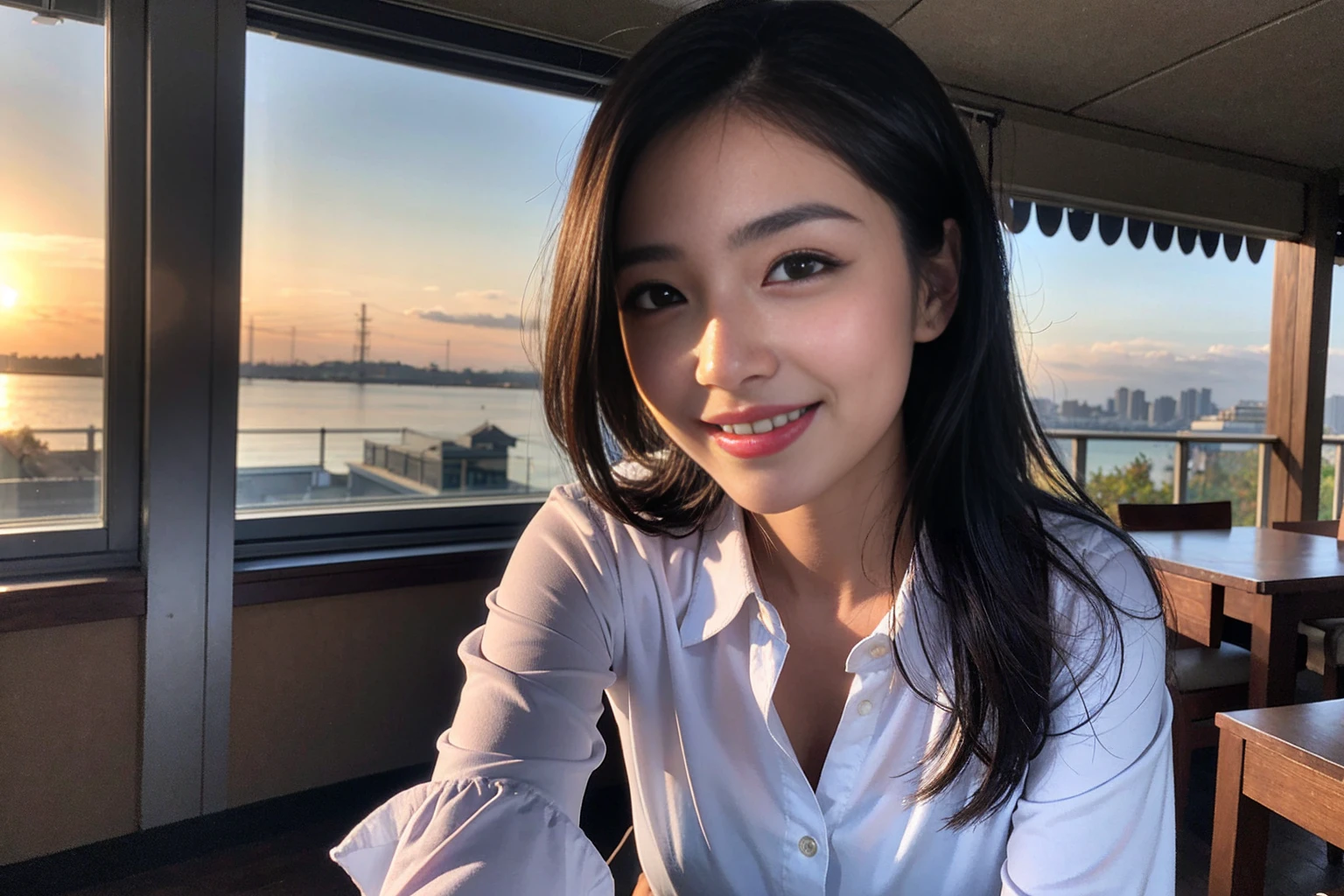((Highest quality、、masterpiece:1.3))、1 male、1 female,36 years old 39 years old、Shine the light on my face、Slim Beauty、Beautiful couple、Upper Body、smile、 (Slim face), (the body is スリム), (Brown Hair), (Shortcuts), テーブルのフルコースディナーとwine glass、Amazing view of the sunset sky and clouds、smileの美しさ、Wine bottle、sparkling wine、Long sleeve shirt、dress、White wine, red wine, wine glass, Beautiful fine grain, Depth f/2,saturation, High Contrast, Strong light and shadow,Moist Body:1.5、 texture、The hair is very shiny、