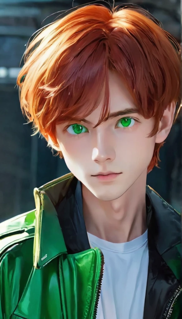 best quality, masterpiece, solo, 1boy,red hair, futuristik, jacket,  green eyes,