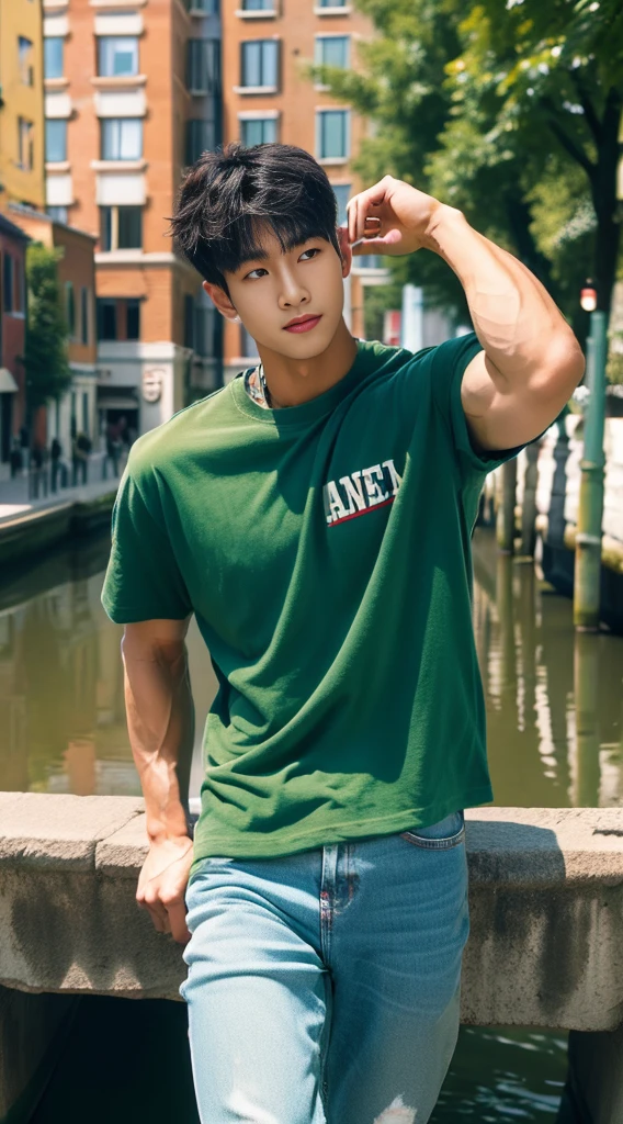 ((realistic daylight)) , Young Korean man in a green t-shirt Denim shirt, jeans, A handsome, muscular young Asian man looks at the camera. In a simple t-shirt blue and red , Along the canal ,turn sideways