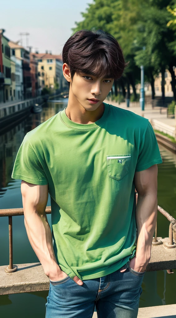 ((realistic daylight)) , Young Korean man in a green t-shirt Denim shirt, jeans, A handsome, muscular young Asian man looks at the camera. In a simple t-shirt blue and red , Along the canal ,turn sideways