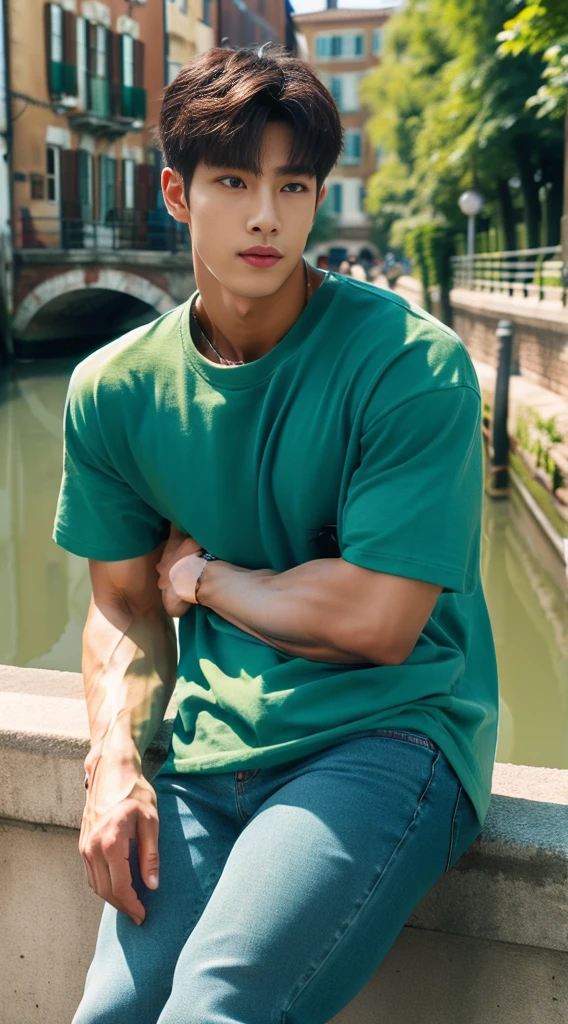 ((realistic daylight)) , Young Korean man in a green t-shirt Denim shirt, jeans, A handsome, muscular young Asian man looks at the camera. In a simple t-shirt blue and red , Along the canal ,turn sideways