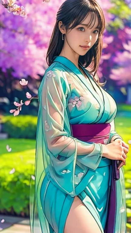 最high quality、high quality、Best image quality、8K、最High resolution、High resolution、最high quality、masterpiece、Realistic human body with attention to detail、Detailed and realistic skin、Realistic face in every detail、Detailed and realistic eyes、Detailed and realistic lips、Detailed and realistic teeth、Realistic ears with great attention to detail、Realistic hair with attention to detail、Realistic weapons with great detail、Realistic hands with great attention to detail、Realistic fingers with attention to detail、(Beautiful Hands、thumb１reference４)、Realistic legs with attention to detail、Realistic feet with attention to detail、((Beautiful Japanese Girl))、(Japanese Model), (Japanese women)、((18 year old beautiful girl))、(Black Hair)、(Straight hair)、((whole body))、((Beautiful upward-facing breasts))、(Slim Style、Slim fit)、(whole body光沢肌、Fair skin)、Detailed and realistic human body、Detailed and realistic skin、Realistic face in every detail、Detailed and realistic weapons、Realistic fingers in every detail、Detailed realistic feet、Soft natural light、samurai kimono、maiko kimono、servant、geisha kimono、japanese kimono、Long-sleeved kimono、kimono、yukata、Japanese tradition、Samurai residence、Japanese garden、((Colorful transparent see-through(flowery kimono、Hakama with side slits))、((Under the cherry blossoms in full bloom(Poses that make your thighs look sexy))