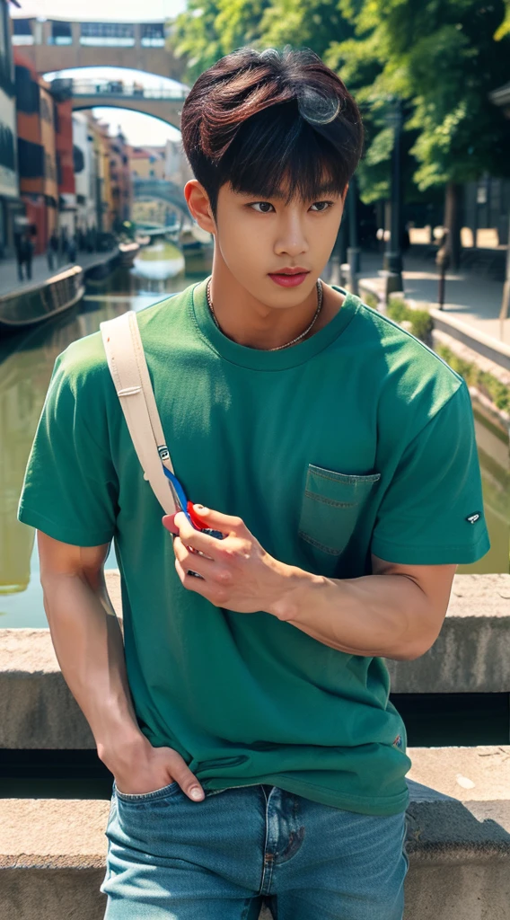 ((realistic daylight)) , Young Korean man in a green t-shirt Denim shirt, jeans, A handsome, muscular young Asian man looks at the camera. In a simple t-shirt blue and red , Along the canal ,turn sideways