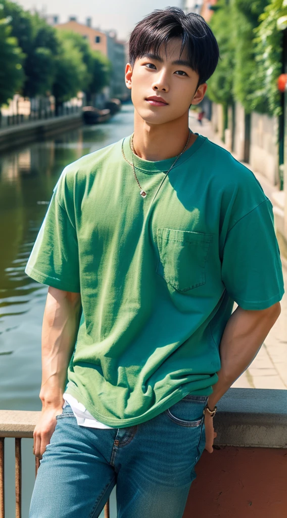 ((realistic daylight)) , Young Korean man in a green t-shirt Denim shirt, jeans, A handsome, muscular young Asian man looks at the camera. In a simple t-shirt blue and red , Along the canal ,turn sideways