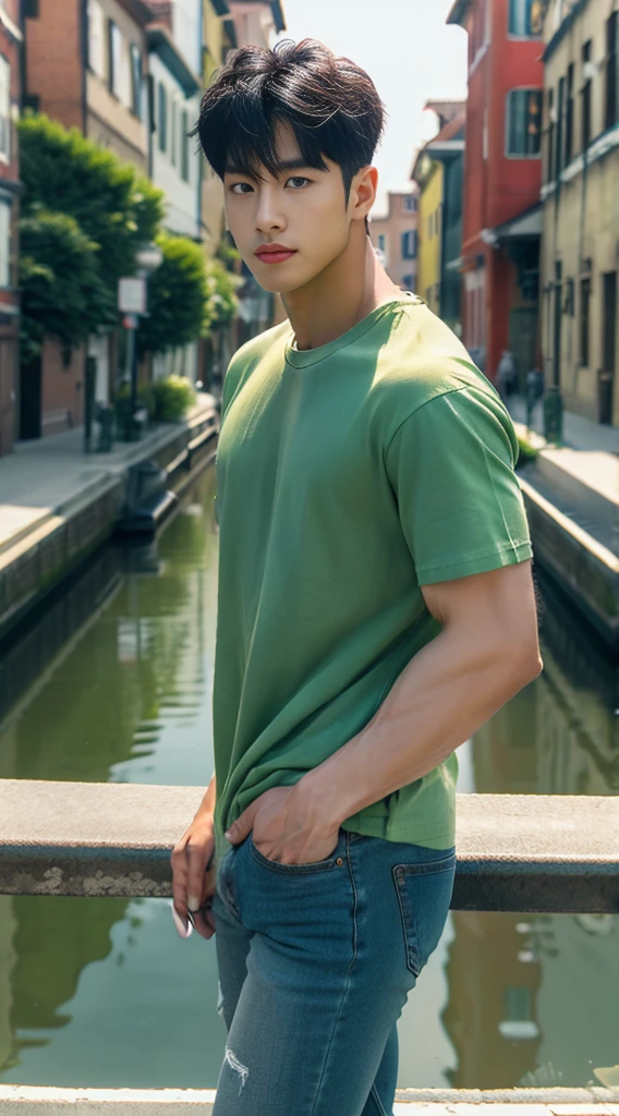 ((realistic daylight)) , Young Korean man in a green t-shirt Denim shirt, jeans, A handsome, muscular young Asian man looks at the camera. In a simple t-shirt blue and red , Along the canal ,turn sideways